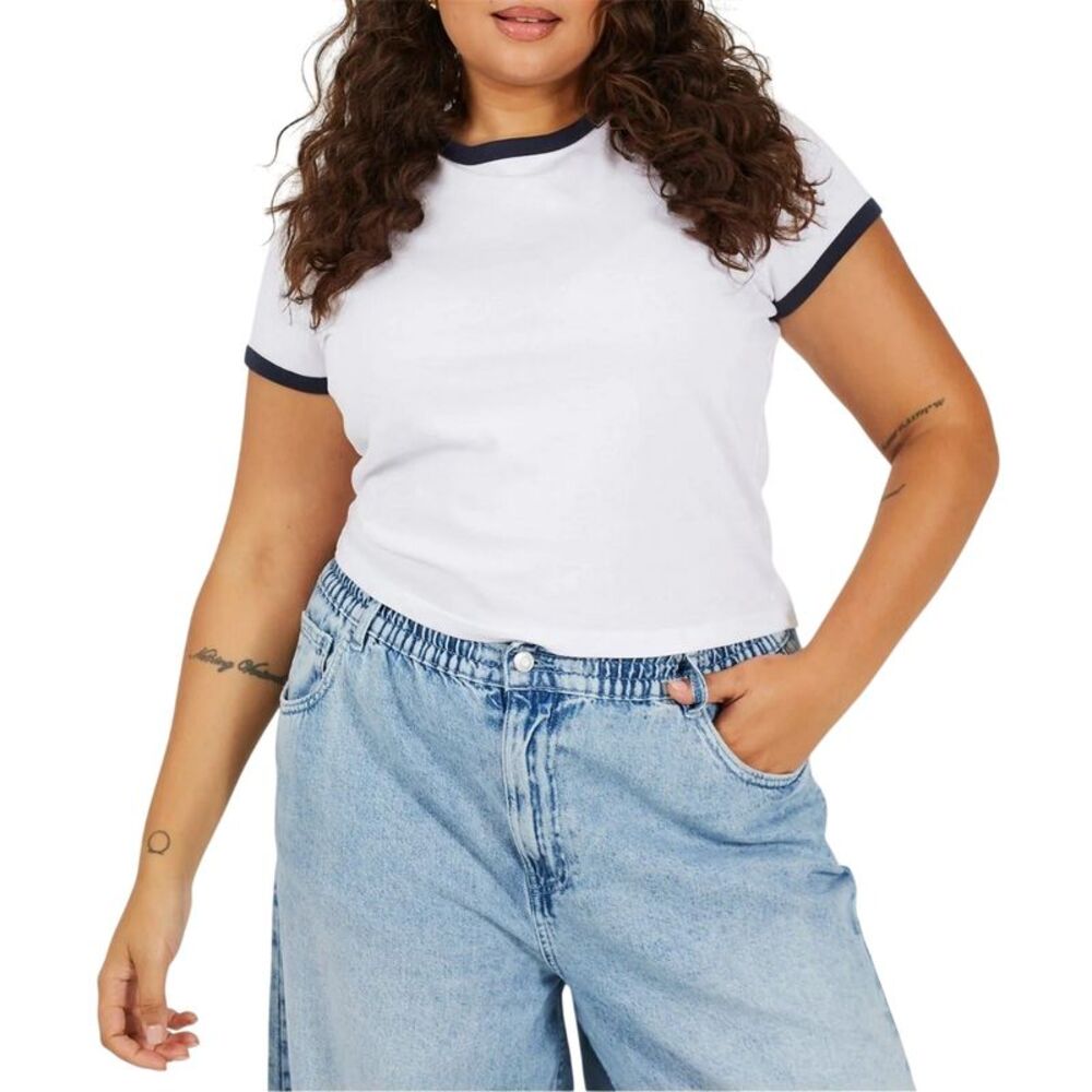 Brave Soul Womens/Ladies Ringer Crew Neck Plus T-Shirt / White/Navy